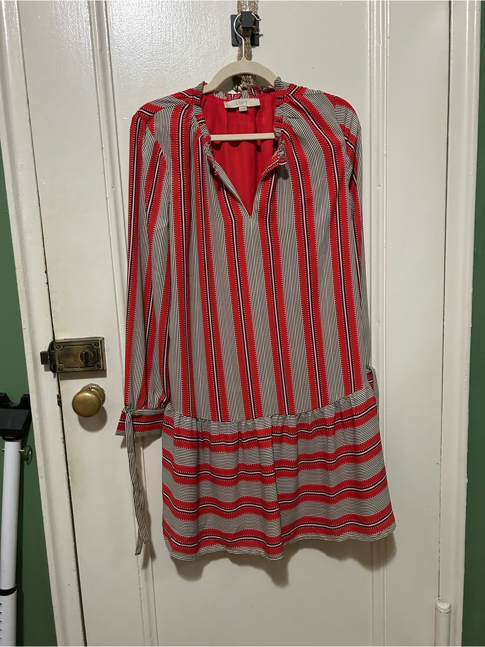 LOFT Red and White Striped Tiered Mini Dress